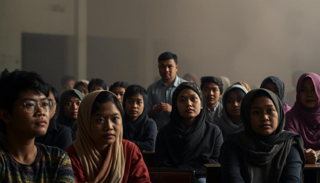 A classroom setting, dimly lit with soft, warm lighting. In the foreground, a group of students from diverse backgrounds - some sitting, others standing, engaged in discussion. Their faces express a mix of determination and uncertainty, reflecting the challenges they face in pursuing education. In the middle ground, a teacher stands, their expression thoughtful as they guide the students. The background is hazy, suggesting the complexities and obstacles that loom large in the education system. The overall scene conveys a sense of both struggle and hope, capturing the essence of "Tantangan Pendidikan" in Indonesia.