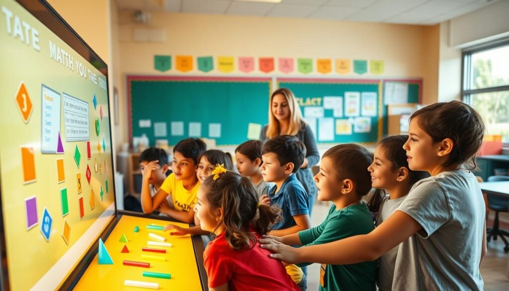 A classroom setting with a group of elementary school students engaged in a math-themed video game. The foreground shows several students huddled around a large interactive display, their faces lit with excitement as they manipulate colorful game elements representing mathematical concepts like shapes, numbers, and operations. In the middle ground, the teacher circulates, observing and guiding the students' progress. The background depicts a vibrant, technologically-enhanced classroom, with educational posters and a large window offering a glimpse of the outdoors. The lighting is warm and natural, creating a inviting, productive atmosphere. The overall scene conveys a harmonious integration of engaging game-based learning and the core mathematics curriculum.