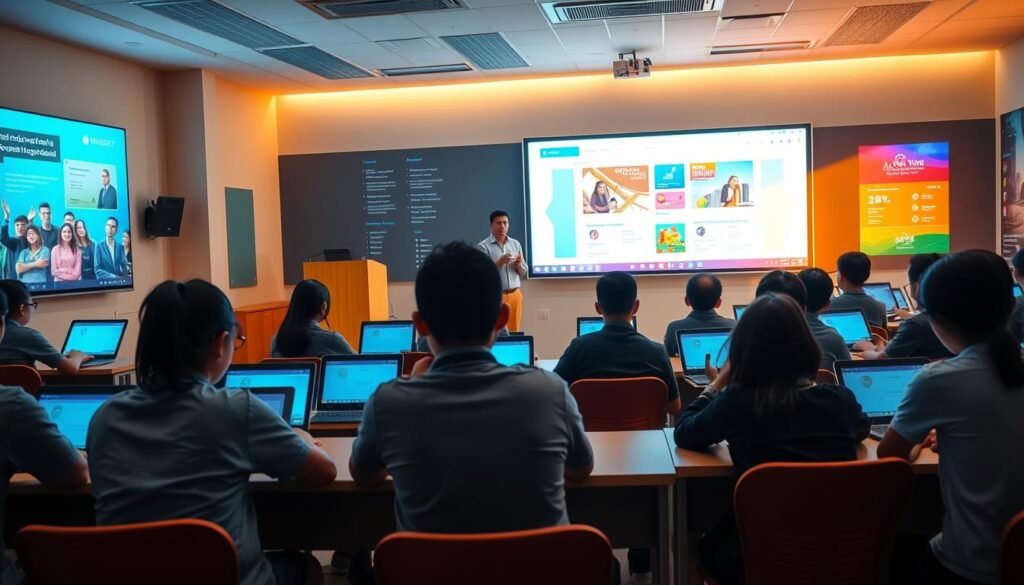 A digital classroom with modern technology. In the foreground, students sit at desks using laptops and tablets, engaged in collaborative learning. The middle ground features a teacher standing at a podium, gesturing towards a large interactive whiteboard displaying educational content. In the background, the walls are adorned with vibrant digital displays showcasing information and learning resources. Warm, natural lighting illuminates the scene, creating a welcoming and engaging atmosphere. The composition emphasizes the integration of technology into the educational process, capturing the essence of the digitalization of education in Indonesia.