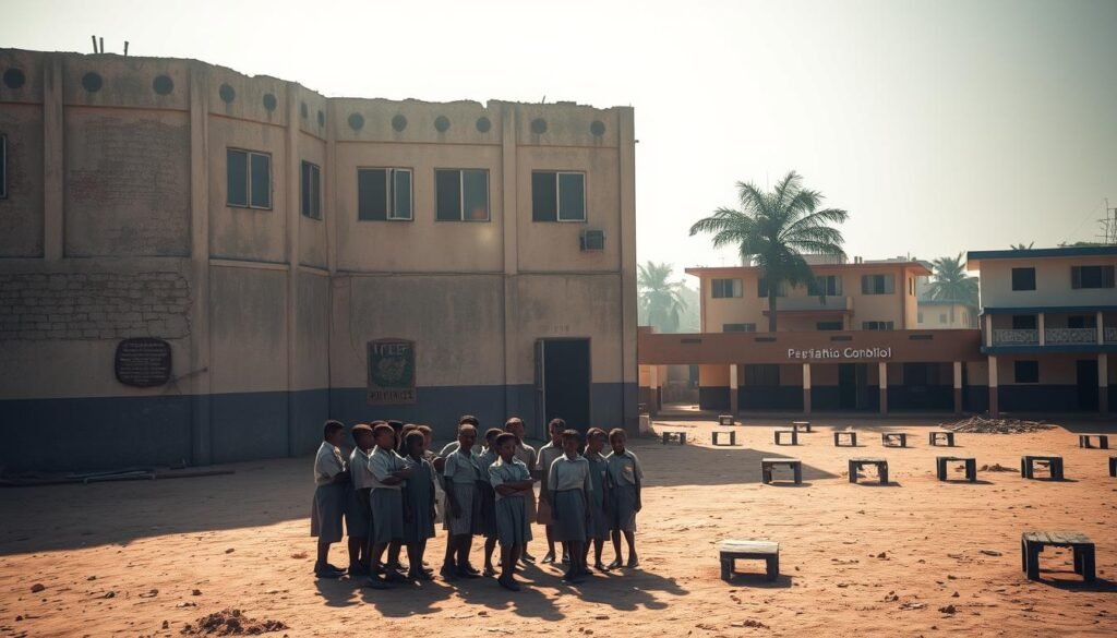 A dilapidated public school standing in a dusty, impoverished neighborhood. The building's faded walls and crumbling facade reflect the neglect and lack of resources that plague the education system. In the foreground, a group of students in tattered uniforms gather at the entrance, their faces etched with a mix of determination and resignation. The sparse schoolyard is dotted with makeshift seating areas, a stark contrast to the well-equipped private schools in the distance. Diffused sunlight filters through the haze, casting a somber, almost melancholic tone over the scene, highlighting the stark inequality in educational opportunities.