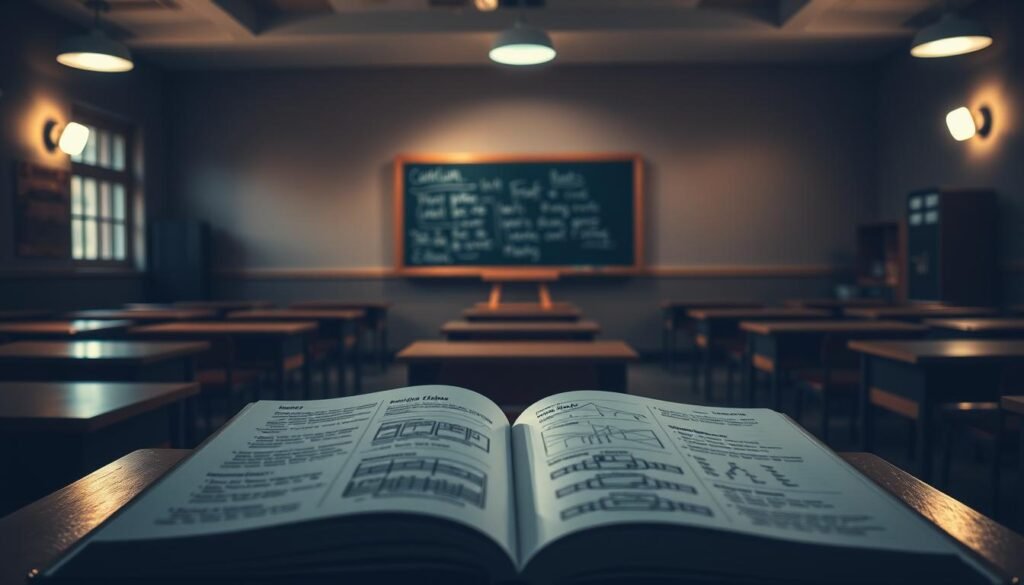 A dimly lit classroom with rows of desks and chairs, illuminated by soft, warm lighting from overhead lamps. In the foreground, an open textbook lies on a desk, its pages filled with diagrams and illustrations. In the middle ground, a chalkboard stands, with curriculum outlines and lesson plans scribbled across its surface. The background is blurred, hinting at the broader context of the school environment. The overall atmosphere is contemplative and scholarly, capturing the essence of the educational curriculum.