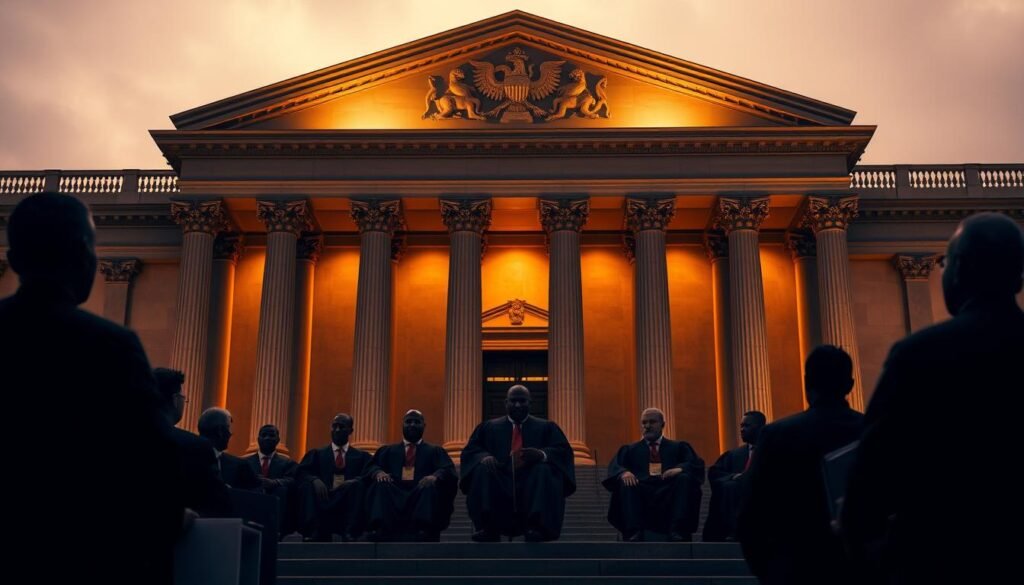 A grand, majestic courthouse stands tall, its neoclassical facade illuminated by warm, golden lighting. In the foreground, the judges of the Constitutional Court solemnly convene, their robes and faces cast in dramatic shadows. The scene exudes a sense of gravity and importance, as if the momentous decision they are about to render will reshape the future of education in the nation. The background is softly blurred, allowing the viewer to focus on the weighty proceedings unfolding before them. An atmosphere of reverence and anticipation permeates the image, capturing the significance of this landmark ruling that will serve as a turning point for free education.
