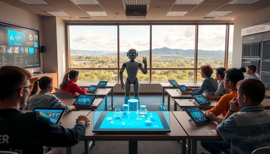 A high-tech classroom filled with modern educational technology. In the foreground, a holographic display shows interactive learning content, while students sit at desks equipped with touchscreen devices. The middle ground features a robotic tutor demonstrating a science experiment using advanced simulation software. In the background, a large window overlooking a scenic landscape provides natural lighting and a sense of openness. The overall atmosphere conveys a harmonious blend of innovation, collaboration, and accessibility, reflecting the goal of equitable education.