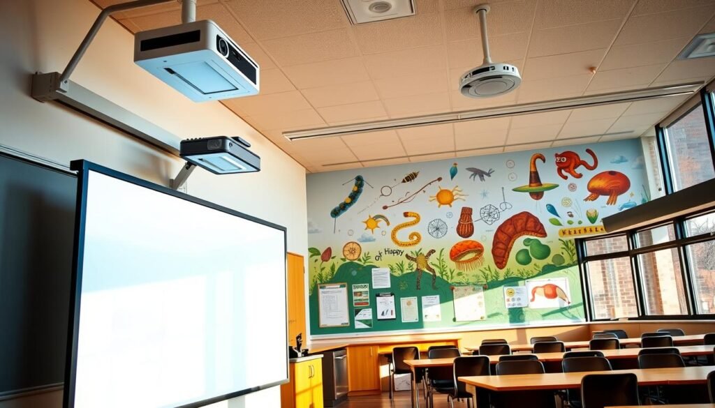 A modern, well-equipped classroom with a diverse array of educational media. In the foreground, a sleek interactive whiteboard and a high-quality projector, their crisp displays illuminating the space. In the middle ground, rows of desks and chairs, suggesting an engaged learning environment. The background features a vibrant wall mural depicting various scientific concepts, complementing the academic atmosphere. Warm, natural lighting filters in through large windows, creating a welcoming and productive ambiance. The scene conveys a sense of innovative, technology-driven pedagogy tailored for effective biology instruction at the secondary level.