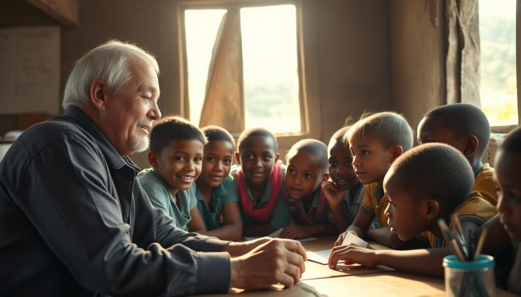 A rural schoolhouse nestled in a lush, verdant landscape, where a wise and dedicated teacher guides a group of attentive students. The sun filters through the windows, casting a warm, golden glow over the scene. The teacher's expression is one of patient, nurturing encouragement as they engage the students in a hands-on learning activity. The students, their faces alight with curiosity and wonder, lean in, eager to soak up the knowledge imparted by their devoted mentor. The room is simple, yet filled with the tools and resources necessary for a rich educational experience. This image captures the essence of the teacher's vital role in bringing quality education to even the most remote and underserved communities.