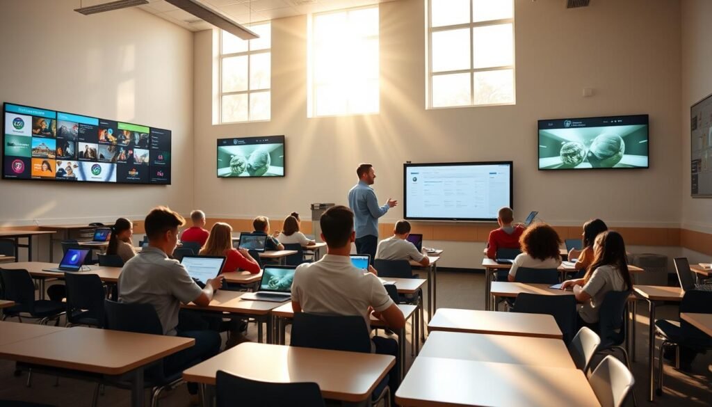 A serene classroom setting, with rows of desks and chairs arranged in a modern, minimalist design. The walls are adorned with digital displays showcasing educational content, interactive lessons, and virtual learning experiences. Sunlight streams through large windows, casting a warm glow over the scene. In the foreground, a group of students intently engaged with their laptops, tablets, and other digital devices, collaborating on a project. The teacher, standing at the front, guides them through the lesson using a state-of-the-art interactive whiteboard. The atmosphere is one of focus, curiosity, and the seamless integration of technology and education.