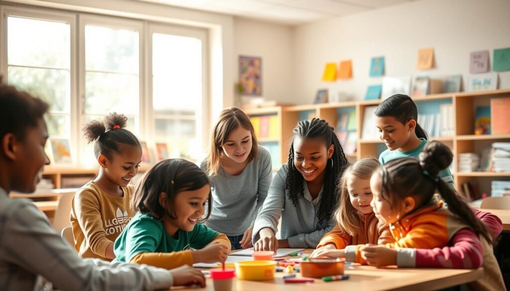 A serene, sun-dappled classroom with an inclusive atmosphere. In the foreground, a diverse group of students, each with unique abilities, collaborating on a project, their faces alight with curiosity and joy. In the middle ground, a teacher, warm and welcoming, guiding them with a gentle hand. The background is a calming, well-lit space, filled with vibrant educational resources and displays that celebrate the varied experiences and perspectives of the learners. Soft, natural lighting filters through large windows, creating a sense of openness and harmony. The overall scene conveys the principles of inclusive education: equity, accessibility, and the empowerment of all individuals to reach their full potential.
