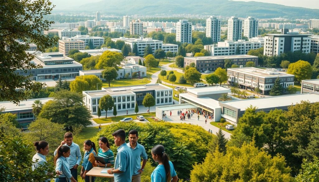 A sprawling educational campus nestled amidst lush greenery, with modern classrooms, laboratories, and libraries. In the foreground, a group of diverse students engage in interactive learning, their faces alight with curiosity and enthusiasm. The middle ground showcases state-of-the-art facilities, from computer labs to STEM workshops, all designed to nurture the next generation of thinkers and innovators. The background features a panoramic view of the campus, with towering, energy-efficient buildings that exemplify sustainable infrastructure. Soft, natural lighting illuminates the scene, creating a warm and inviting atmosphere that fosters intellectual growth and collaborative exploration.