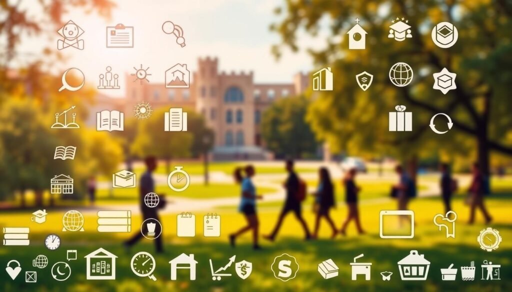 A vibrant academic landscape featuring a diverse array of scholarship opportunities, illuminated by warm, natural lighting. In the foreground, various icons and symbols representing different types of scholarships - from government grants to private endowments - arranged in a visually engaging composition. The middle ground showcases silhouettes of students, each pursuing their educational dreams with a sense of purpose and determination. In the background, a softly blurred university campus, its stately buildings and verdant grounds suggesting the transformative power of higher learning. The overall atmosphere conveys a sense of optimism, opportunity, and the transformative potential of education.