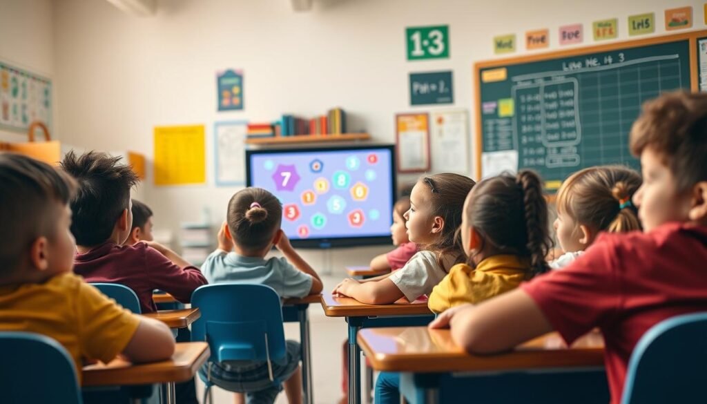 A vibrant, colorful classroom setting with students eagerly engaged in a mathematics-themed educational video game. The foreground features a group of children, diverse in age and ethnicity, sitting at desks and focused intently on their screens, their expressions filled with excitement and concentration. The middle ground showcases the video game interface, with playful, geometric shapes and numbers animating across the display, reinforcing mathematical concepts. The background depicts a well-lit, cheerful classroom environment, with educational posters, shelves of books, and a chalkboard accentuating the academic atmosphere. Warm, diffused lighting creates a welcoming, inviting mood, and the composition is captured from a slightly elevated, three-quarter angle to convey a sense of active engagement and learning.