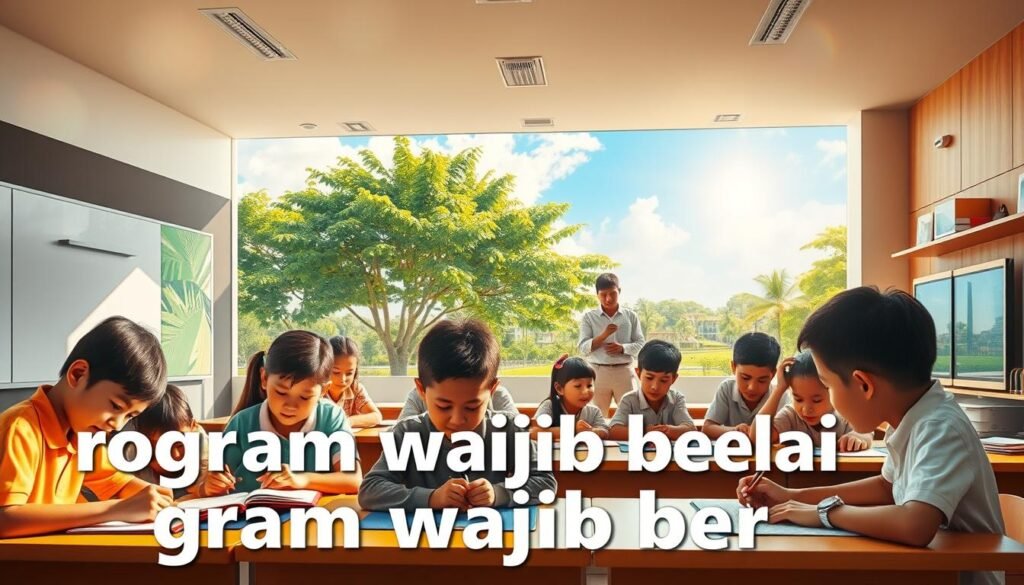 A vibrant, photorealistic image of a classroom setting showcasing the "program wajib belajar" or compulsory education program in Indonesia. The foreground depicts a diverse group of students, both young and older, engaged in various learning activities such as reading, writing, and group discussions, all under the attentive guidance of a teacher. The middle ground features modern, well-equipped educational facilities with interactive whiteboards, computers, and learning materials, reflecting the country's commitment to providing quality education. The background presents a serene, sun-dappled outdoor scene, with lush greenery and a clear blue sky, symbolizing the nurturing and enriching environment that supports the nation's educational goals. The lighting is warm and natural, creating a sense of vibrancy and optimism, capturing the essence of the "program wajib belajar" as a crucial pillar of Indonesia's education system.