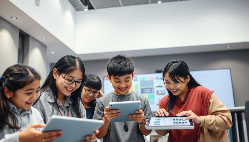 A well-lit, modern educational technology platform with a clean, intuitive interface. In the foreground, a group of diverse students collaborating on digital tablets, their faces reflecting enthusiasm and engagement. The middle ground features a range of educational resources, such as interactive lessons, virtual simulations, and collaborative workspaces. In the background, a sleek, minimalist design with muted colors and geometric shapes, suggesting a sense of order and efficiency. The overall atmosphere conveys a practical, accessible, and empowering educational experience, perfectly suited for the modern Indonesian learner.