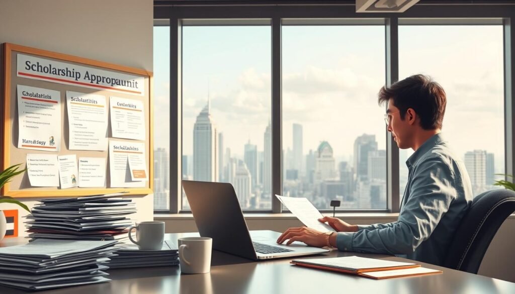 A well-lit office scene depicting the process of scholarship application. In the foreground, a person diligently fills out an online form on a laptop, surrounded by stacks of documents and a cup of coffee. In the middle ground, a bulletin board displays various scholarship opportunities and deadlines. The background showcases an expansive window overlooking a bustling cityscape, conveying a sense of opportunity and possibility. The overall atmosphere is one of focus, determination, and a touch of anticipation, reflecting the seriousness and importance of the scholarship application process.