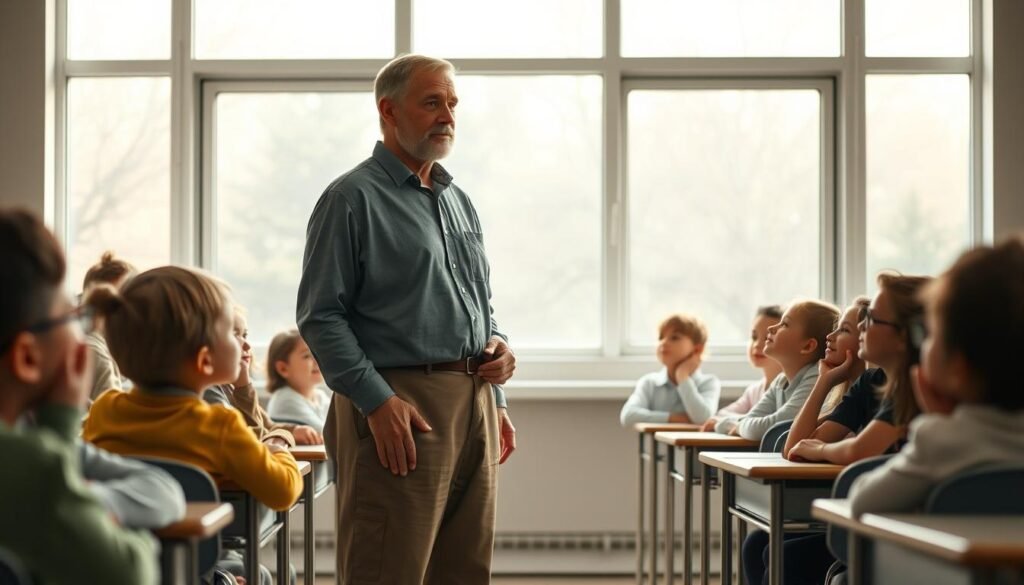 A wise, benevolent teacher stands before a classroom of attentive students, their faces alight with wonder and admiration. The teacher's serene expression and gentle posture radiate warmth and compassion, embodying the ideal of an educator as a role model and guide. Soft, natural lighting filters through large windows, casting a tranquil glow over the scene. The classroom is simply furnished, with clean, minimalist desks and chairs, allowing the focus to remain on the teacher's inspiring presence. An air of reverence and respect permeates the space, as the students look to their mentor for wisdom and inspiration, poised to learn and grow under their tutelage.