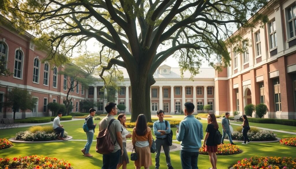 An idyllic school courtyard, with a well-manicured lawn and vibrant flowerbeds. In the foreground, a group of diverse students engaged in thoughtful discussion, their expressions reflecting introspection and a sense of purpose. The middle ground features a towering oak tree, its branches casting a warm, dappled light over the scene. In the background, the facade of a stately academic building, its architecture exuding an air of timeless wisdom. The overall atmosphere is one of tranquility, intellectual stimulation, and the nurturing of character. Soft, diffused lighting illuminates the scene, creating a sense of peaceful contemplation. The lens captures a wide, panoramic view, allowing the viewer to fully immerse themselves in the tableau of "nilai-nilai pendidikan karakter".