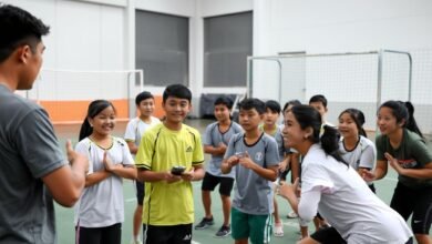 Atlet pemula berlatih untuk kompetisi olahraga lokal dengan pelatih
