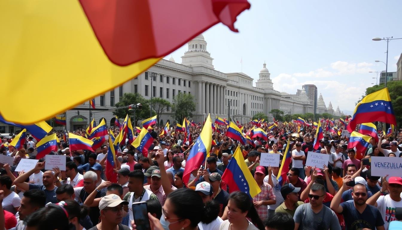 Demonstrasi politik di Caracas, Venezuela dengan massa membawa bendera nasional