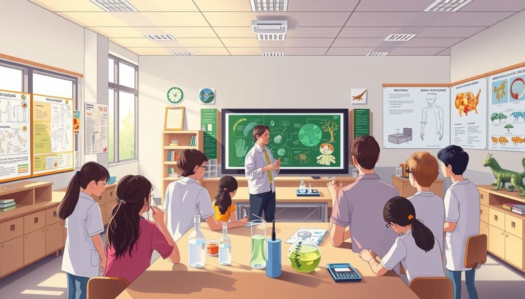 Detailed illustration of a biology classroom in a middle school setting. In the foreground, a group of students gathered around a lab table, engaged in hands-on experiments and observations. The middle ground features a teacher demonstrating a concept using a large interactive display, guiding the class. The background showcases educational posters, diagrams, and models lining the walls, creating a visually stimulating and informative environment. Soft, natural lighting filters in through large windows, enhancing the serene and productive atmosphere. The scene conveys an integrated approach to biology education, seamlessly blending theoretical knowledge with practical application.