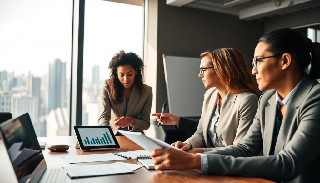 A dynamic business meeting in a modern office setting, showcasing the importance of collaboration in today's business ecosystem. In the foreground, a diverse group of three professionals, dressed in smart business attire, engaged in a discussion. One points at a digital tablet displaying charts, while another takes notes. The middle ground features a large window with a view of a bustling cityscape, symbolizing growth and innovation. The background is adorned with smartboards and collaborative tools, enhancing the environment. Soft, natural lighting from the window creates a warm, inviting atmosphere. The camera angle is slightly elevated, capturing the energy and engagement around the table, emphasizing teamwork and strategic brainstorming in a modern business landscape.