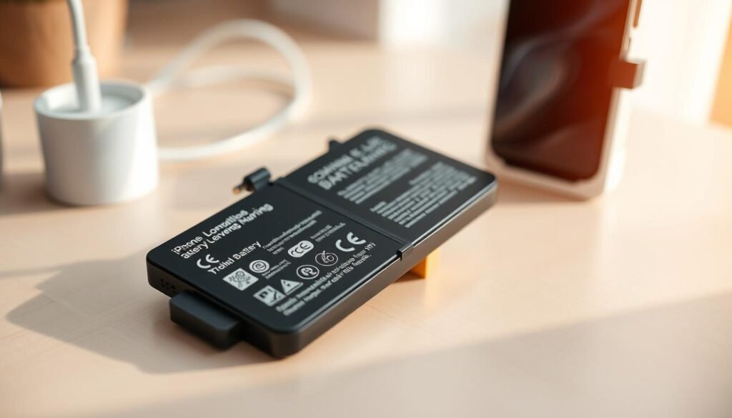 A close-up view of an iPhone battery, showcasing intricate details like the branding, connectors, and small warnings printed on it, positioned on a smooth, neutral-toned surface. The background features a softly blurred workspace with a charging cable and a sleek, modern charging station, enhancing the theme of battery longevity. Warm, natural lighting illuminates the scene, creating a cozy and inviting atmosphere. The image should be taken from a slightly elevated angle, focusing on the battery while subtly highlighting the supporting elements in the background, conveying a sense of professionalism and everyday technology use. The overall mood is informative and modern, suited for illustrating optimal battery care and charging habits. A close-up view of an iPhone battery, showcasing intricate details like the branding, connectors, and small warnings printed on it, positioned on a smooth, neutral-toned surface. The background features a softly blurred workspace with a charging cable and a sleek, modern charging station, enhancing the theme of battery longevity. Warm, natural lighting illuminates the scene, creating a cozy and inviting atmosphere. The image should be taken from a slightly elevated angle, focusing on the battery while subtly highlighting the supporting elements in the background, conveying a sense of professionalism and everyday technology use. The overall mood is informative and modern, suited for illustrating optimal battery care and charging habits.
