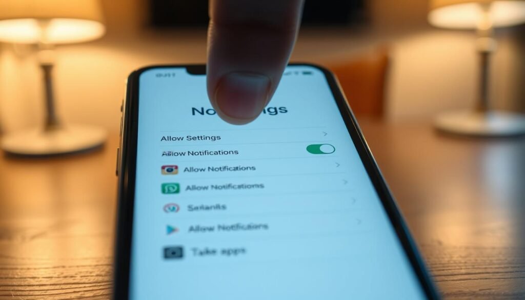 A close-up view of an iPhone screen displaying the "Notification Settings" menu, prominently featuring options like "Allow Notifications" and toggles for different apps. The foreground should focus on the bright, clear display, with a finger poised above the screen, showcasing an interactive moment. In the middle ground, a soft, blurred wooden table provides warmth and context, while the background is softly illuminated by warm, ambient lighting to create a cozy atmosphere. The lighting should emphasize the sleek design of the iPhone, with reflections glinting subtly on the screen. The overall mood should be one of clarity and practicality, inviting users to consider battery-friendly notification options. No text or overlays. A close-up view of an iPhone screen displaying the "Notification Settings" menu, prominently featuring options like "Allow Notifications" and toggles for different apps. The foreground should focus on the bright, clear display, with a finger poised above the screen, showcasing an interactive moment. In the middle ground, a soft, blurred wooden table provides warmth and context, while the background is softly illuminated by warm, ambient lighting to create a cozy atmosphere. The lighting should emphasize the sleek design of the iPhone, with reflections glinting subtly on the screen. The overall mood should be one of clarity and practicality, inviting users to consider battery-friendly notification options. No text or overlays.