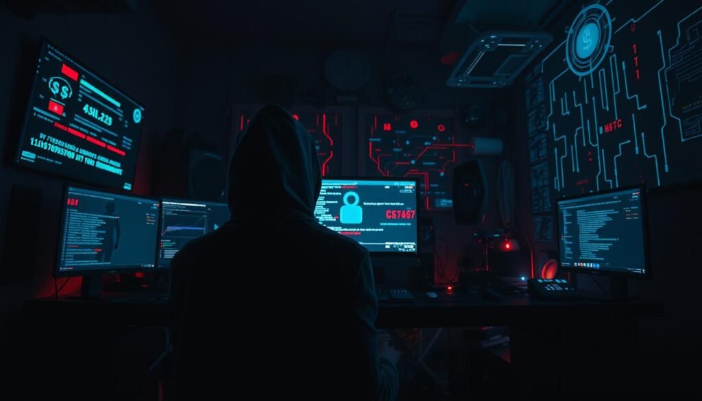 A dark web-themed scene depicting illegal activities in a shadowy virtual environment. In the foreground, a silhouette of a person in a hooded sweatshirt sits in front of multiple screens displaying cryptic data, currency symbols, and shadowy figures. The middle ground features a dimly lit room cluttered with ominous gadgets and tools, representing cybersecurity threats. In the background, abstract representations of digital networks and encrypted data flow, with a faint glow of red and blue hues creating a foreboding atmosphere. Use dramatic lighting to cast strong shadows, enhancing the mysterious and dangerous vibe of the dark web. Capture this scene from a low angle, emphasizing the scale of the tech setup and intensifying the sense of secrecy and illicit activity.