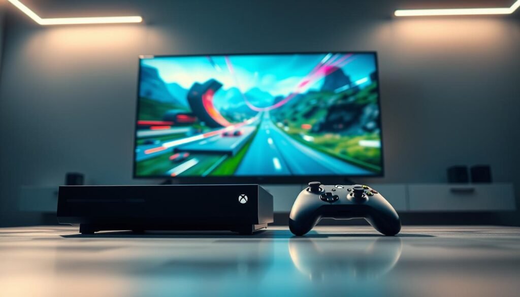 A dynamic gaming scene showcasing the concept of 120 frames per second. In the foreground, a sleek Xbox Series S console sits prominently, with a gaming controller beside it, both illuminated by soft, modern lighting casting subtle reflections on a glossy surface. In the middle ground, an abstract representation of fast-motion graphics and vibrant colors swirls to suggest high-speed gameplay, embodying the thrill of 120 fps performance. The background features a high-definition TV displaying a lush, vivid gaming landscape, hinting at 1440p and 1080p resolutions. The atmosphere is energetic and exciting, with a cool color palette and a slightly blurred effect to convey motion. The image is captured from a low angle to enhance the sense of immersion and grandeur in the scene.