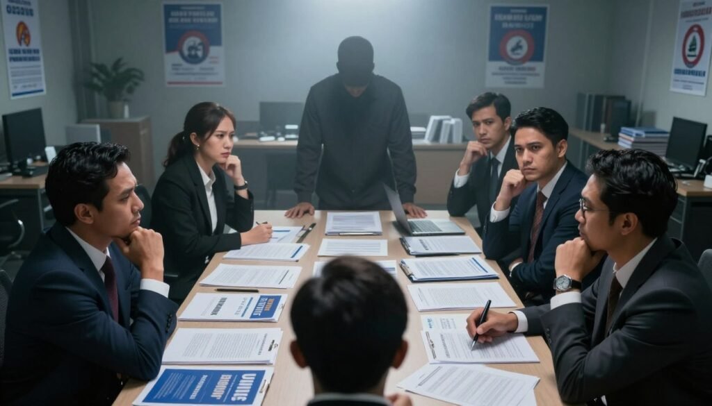 A metaphorical representation of "Celah UU Pemilu" illustrating campaign regulation gaps and ambiguities. In the foreground, a group of diverse professionals in business attire are debating around a large table cluttered with campaign materials, laws, and documents, exhibiting expressions of concern and contemplation. In the middle ground, a foggy figure symbolizes the ambiguous regulations, looming over the scene, shrouded in shadows, representing confusion and uncertainty. The background features a dimly lit office environment with blurred elements of campaign posters and election-related symbols, enhancing the atmosphere of intrigue and tension. Use soft, dramatic lighting to create a sense of urgency and unease, with a slight focus on the faces of the professionals to convey their seriousness. The camera angle should be slightly above eye level, giving a bird’s eye view of the discussion, creating a feeling of oversight. A metaphorical representation of "Celah UU Pemilu" illustrating campaign regulation gaps and ambiguities. In the foreground, a group of diverse professionals in business attire are debating around a large table cluttered with campaign materials, laws, and documents, exhibiting expressions of concern and contemplation. In the middle ground, a foggy figure symbolizes the ambiguous regulations, looming over the scene, shrouded in shadows, representing confusion and uncertainty. The background features a dimly lit office environment with blurred elements of campaign posters and election-related symbols, enhancing the atmosphere of intrigue and tension. Use soft, dramatic lighting to create a sense of urgency and unease, with a slight focus on the faces of the professionals to convey their seriousness. The camera angle should be slightly above eye level, giving a bird’s eye view of the discussion, creating a feeling of oversight.
