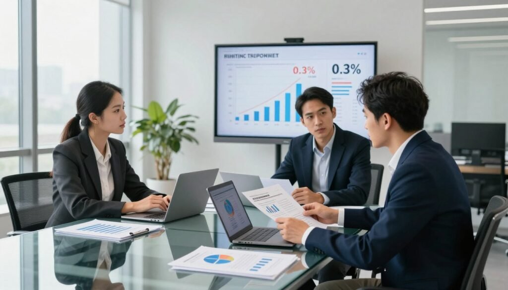 A modern office setting showcasing a serious discussion on fintech regulations. In the foreground, a diverse group of three professionals—two men and one woman—dressed in smart business attire, are engaged in a deep conversation, analyzing documents filled with charts and graphs about the maximum interest policy for P2P lending. In the middle ground, a sleek glass table is littered with laptops and financial reports, while a large screen in the background displays a graph illustrating the 0.3% daily interest cap. Soft, natural light enters through floor-to-ceiling windows, creating a bright yet focused atmosphere. The room’s design suggests innovation, with contemporary furniture and a minimalist aesthetic, enhancing the mood of professionalism and collaboration. A modern office setting showcasing a serious discussion on fintech regulations. In the foreground, a diverse group of three professionals—two men and one woman—dressed in smart business attire, are engaged in a deep conversation, analyzing documents filled with charts and graphs about the maximum interest policy for P2P lending. In the middle ground, a sleek glass table is littered with laptops and financial reports, while a large screen in the background displays a graph illustrating the 0.3% daily interest cap. Soft, natural light enters through floor-to-ceiling windows, creating a bright yet focused atmosphere. The room’s design suggests innovation, with contemporary furniture and a minimalist aesthetic, enhancing the mood of professionalism and collaboration.