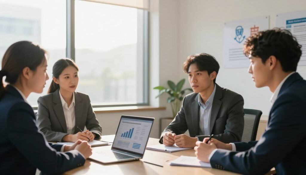 A professional-looking, modern office environment as the background, featuring a large window with soft, natural sunlight pouring in, creating a warm and inviting atmosphere. In the foreground, a diverse group of three individuals—two men and one woman—dressed in business attire, are engaged in a discussion around a sleek conference table with a laptop displaying charts and graphs related to peer-to-peer lending. The expressions on their faces should convey focus and collaboration. On the walls, subtle mentions of safety and legality in peer lending (such as icons or illustrations) are visible without any text. The camera angle should be slightly above eye level, capturing the dynamics of the discussion while keeping the environment professional and engaging. A professional-looking, modern office environment as the background, featuring a large window with soft, natural sunlight pouring in, creating a warm and inviting atmosphere. In the foreground, a diverse group of three individuals—two men and one woman—dressed in business attire, are engaged in a discussion around a sleek conference table with a laptop displaying charts and graphs related to peer-to-peer lending. The expressions on their faces should convey focus and collaboration. On the walls, subtle mentions of safety and legality in peer lending (such as icons or illustrations) are visible without any text. The camera angle should be slightly above eye level, capturing the dynamics of the discussion while keeping the environment professional and engaging.