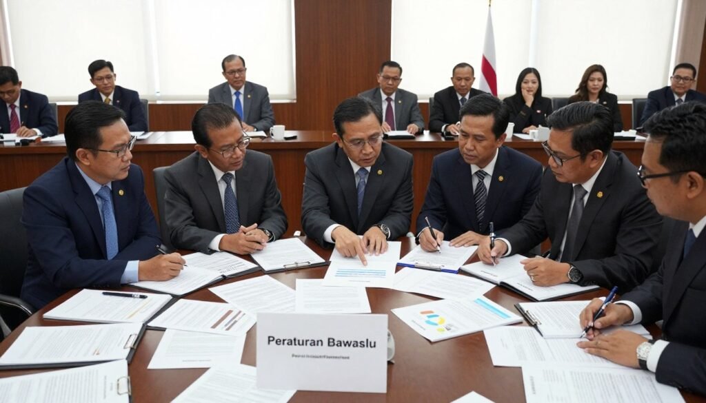 A professional setting depicting a legislative meeting room filled with diverse individuals in business attire engaged in discussion about electoral regulations. In the foreground, a large round table is scattered with documents labeled "Peraturan Bawaslu," various legal texts, and charts. In the middle, a diverse group of individuals of different ethnicities are intently discussing, with one person pointing at a chart while others take notes. The background features a large window with soft natural light streaming in, illuminating the room. The atmosphere is serious yet collaborative, reflecting a sense of urgency and importance regarding electoral reforms in Indonesia. The image should be balanced, with a focus on unity and professionalism among the participants. A professional setting depicting a legislative meeting room filled with diverse individuals in business attire engaged in discussion about electoral regulations. In the foreground, a large round table is scattered with documents labeled "Peraturan Bawaslu," various legal texts, and charts. In the middle, a diverse group of individuals of different ethnicities are intently discussing, with one person pointing at a chart while others take notes. The background features a large window with soft natural light streaming in, illuminating the room. The atmosphere is serious yet collaborative, reflecting a sense of urgency and importance regarding electoral reforms in Indonesia. The image should be balanced, with a focus on unity and professionalism among the participants.