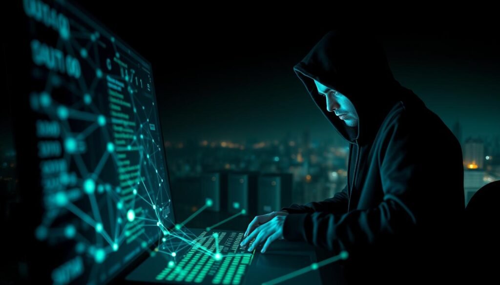A visually striking image depicting the concept of data leakage to the dark web. In the foreground, a stylized computer screen with a network of interconnected data streams, glowing in shades of blue and green, representing the flow of information. In the middle ground, a silhouette of a hacker figure, wearing a professional hoodie and typing intently, surrounded by abstract digital elements like binary code and firewall icons. The background features a shadowy cityscape, symbolizing the dark web's hidden nature, with faint lights resembling distant servers. The scene is illuminated with chiaroscuro lighting, creating a mysterious and tense atmosphere, with a slight focus on the hacker's intense expression, capturing the urgency of data security.