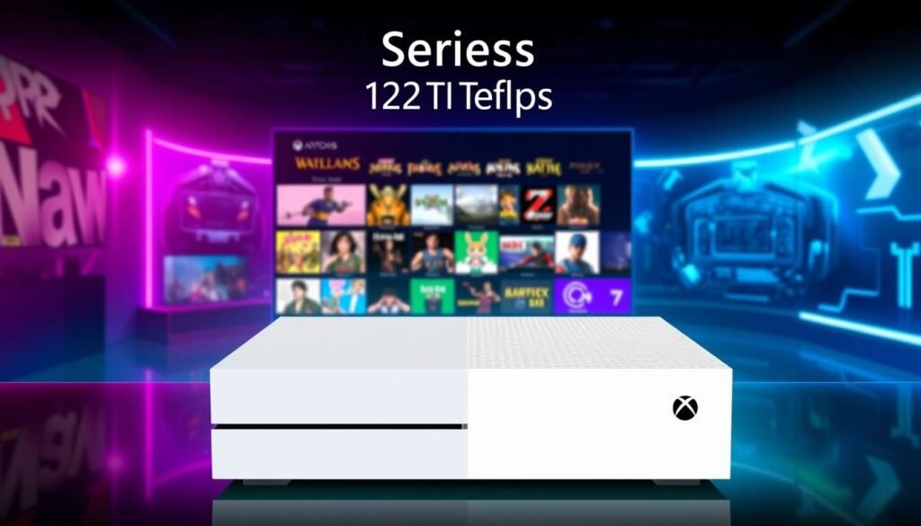 An Xbox Series S console showcased prominently in the foreground, its sleek white design contrasting with a vibrant backdrop of digital gaming visuals that hint at 120fps gameplay. The console is illuminated by dynamic neon lights, reflecting a modern gaming atmosphere. In the middle ground, a variety of vintage game titles displayed on a futuristic TV screen emphasize the backward compatibility aspect. The background features an abstract representation of GPU architecture, symbolizing the 4 TFLOPs power. Utilize a shallow depth of field for focus on the console while softly blurring the background elements. The overall mood is energetic and innovative, appealing to gamers excited about performance and technology.