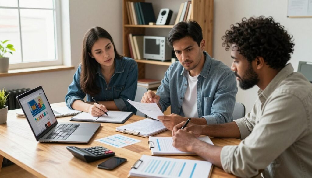 A cozy home office setting featuring a diverse group of three professionals, two men and one woman, collaborating on budgeting for online shopping. The foreground includes a wooden table cluttered with budgeting tools like calculators, notepads, and a laptop displaying a shopping website. In the middle ground, the individuals are engaged in a discussion, with serious expressions and pointing at their notes, dressed in smart casual attire. The background features a bookshelf filled with tech gadgets and books on finance. Natural light streams in through a nearby window, creating a warm and inviting atmosphere, emphasizing focus and productivity in planning and prioritizing online purchases. A cozy home office setting featuring a diverse group of three professionals, two men and one woman, collaborating on budgeting for online shopping. The foreground includes a wooden table cluttered with budgeting tools like calculators, notepads, and a laptop displaying a shopping website. In the middle ground, the individuals are engaged in a discussion, with serious expressions and pointing at their notes, dressed in smart casual attire. The background features a bookshelf filled with tech gadgets and books on finance. Natural light streams in through a nearby window, creating a warm and inviting atmosphere, emphasizing focus and productivity in planning and prioritizing online purchases.