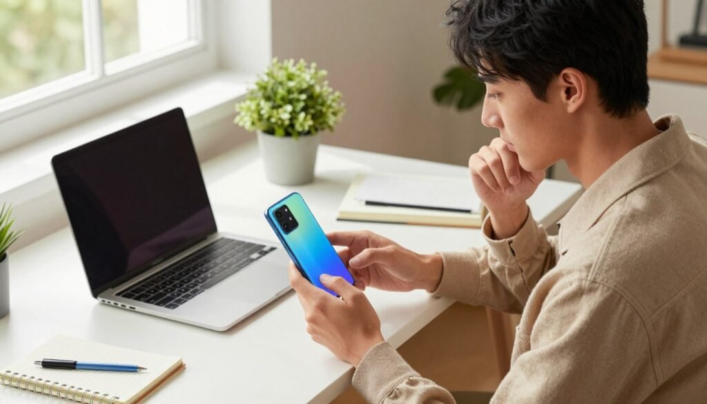A modern, minimalistic workspace featuring a user interacting thoughtfully with a vintage Redmi Note 10 smartphone. In the foreground, the user, a young professional in smart casual attire, holds the phone with a focused expression, emphasizing the connection between user and device. The middle ground showcases a neatly organized desk with a laptop, notebooks, and a potted plant, illustrating a blend of old and new technology. In the background, natural light filters through a window, creating a warm and inviting atmosphere, highlighting the convenience and comfort of retaining a reliable, older smartphone. The composition is shot from a slightly elevated angle, capturing both the user’s engagement with the device and the desk’s aesthetic harmony. A modern, minimalistic workspace featuring a user interacting thoughtfully with a vintage Redmi Note 10 smartphone. In the foreground, the user, a young professional in smart casual attire, holds the phone with a focused expression, emphasizing the connection between user and device. The middle ground showcases a neatly organized desk with a laptop, notebooks, and a potted plant, illustrating a blend of old and new technology. In the background, natural light filters through a window, creating a warm and inviting atmosphere, highlighting the convenience and comfort of retaining a reliable, older smartphone. The composition is shot from a slightly elevated angle, capturing both the user’s engagement with the device and the desk’s aesthetic harmony.