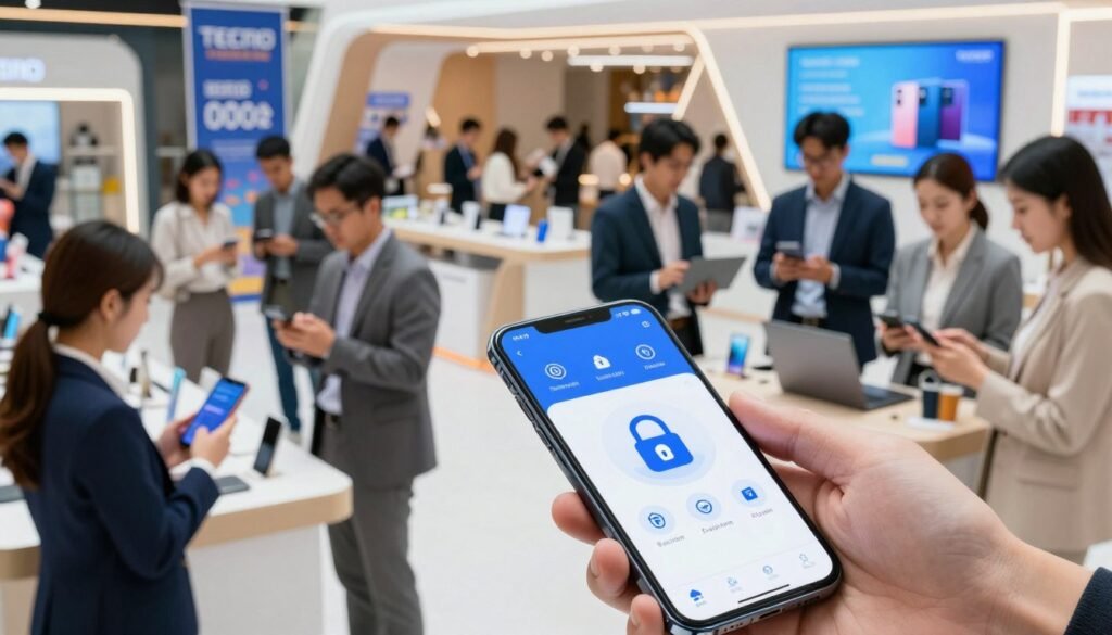 A vibrant digital marketplace scene bustling with activity, showcasing a diverse group of shoppers using their smartphones and laptops, all dressed in professional business attire. The foreground features a close-up of a secure payment interface displayed on a smartphone, highlighting security icons like a padlock and encryption symbols. In the middle ground, several shoppers enthusiastically discussing the latest TECNO smartphone deals, with promotional banners visible, featuring attractive discounts and limited-time offers. The background displays a modern organized market setting with geometric structures and digital screens promoting offers. Soft bright lighting enhances the atmosphere creating a sense of excitement and security, while a slight camera angle from above adds depth to the scene. The overall mood is optimistic and engaging, emphasizing smart shopping practices. A vibrant digital marketplace scene bustling with activity, showcasing a diverse group of shoppers using their smartphones and laptops, all dressed in professional business attire. The foreground features a close-up of a secure payment interface displayed on a smartphone, highlighting security icons like a padlock and encryption symbols. In the middle ground, several shoppers enthusiastically discussing the latest TECNO smartphone deals, with promotional banners visible, featuring attractive discounts and limited-time offers. The background displays a modern organized market setting with geometric structures and digital screens promoting offers. Soft bright lighting enhances the atmosphere creating a sense of excitement and security, while a slight camera angle from above adds depth to the scene. The overall mood is optimistic and engaging, emphasizing smart shopping practices.